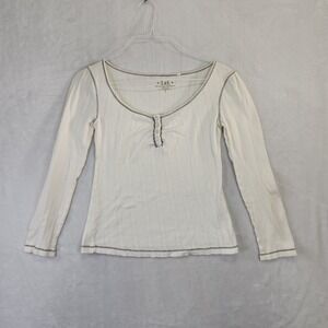 Lei Womens Long Sleeve Henley Shirt Cream Ribbed Cotton Size L